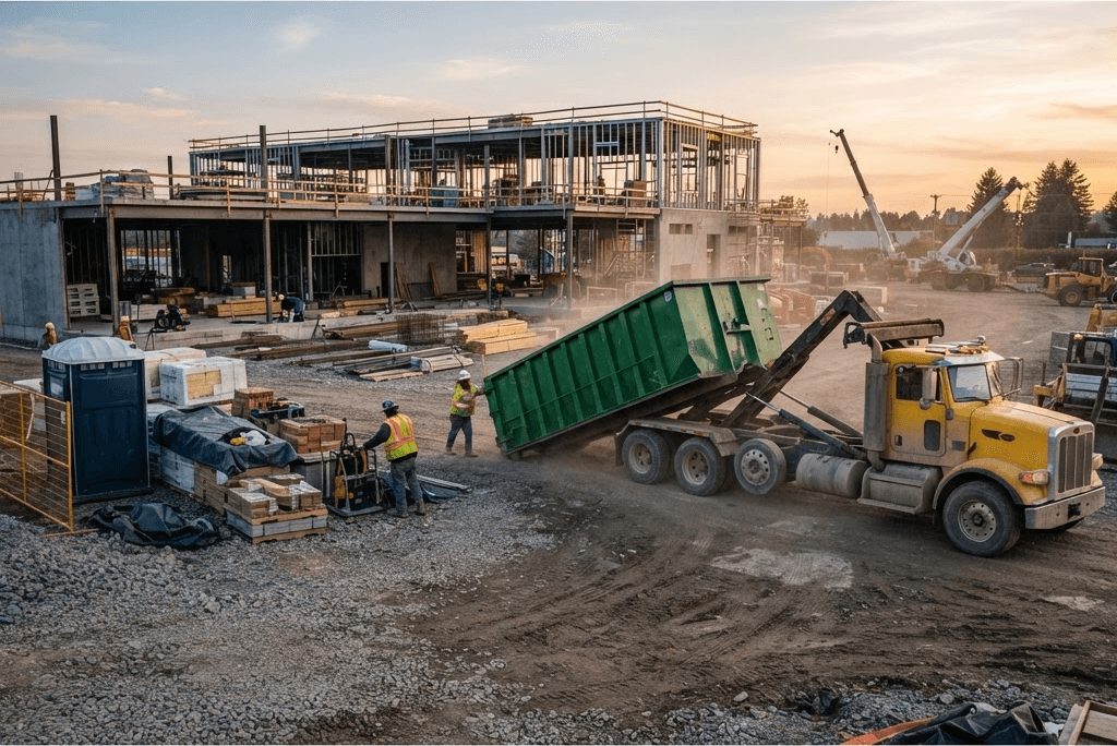 Roll-off dumpster being delivered to an active commercial construction site