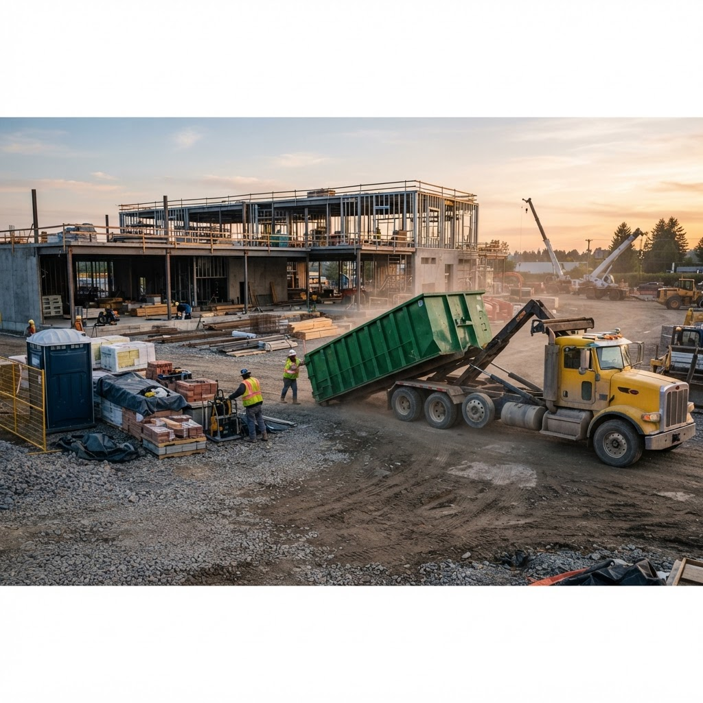 Roll-off dumpster being delivered to an active commercial construction site