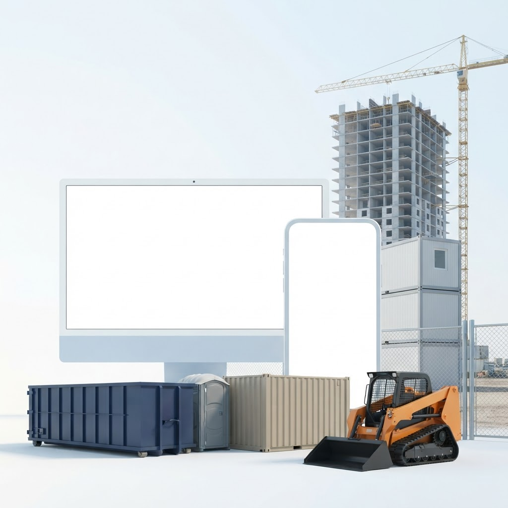 A desktop monitor and phone running Downstream, planted on a jobsite among a dumpster, portable toilet, storage container, compact track loader, fencing and a high-rise under construction